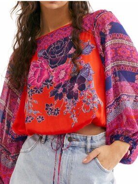 NWT Free People Pop Combo Beachy Bohemian Floral Fairy Blouse Top Size M